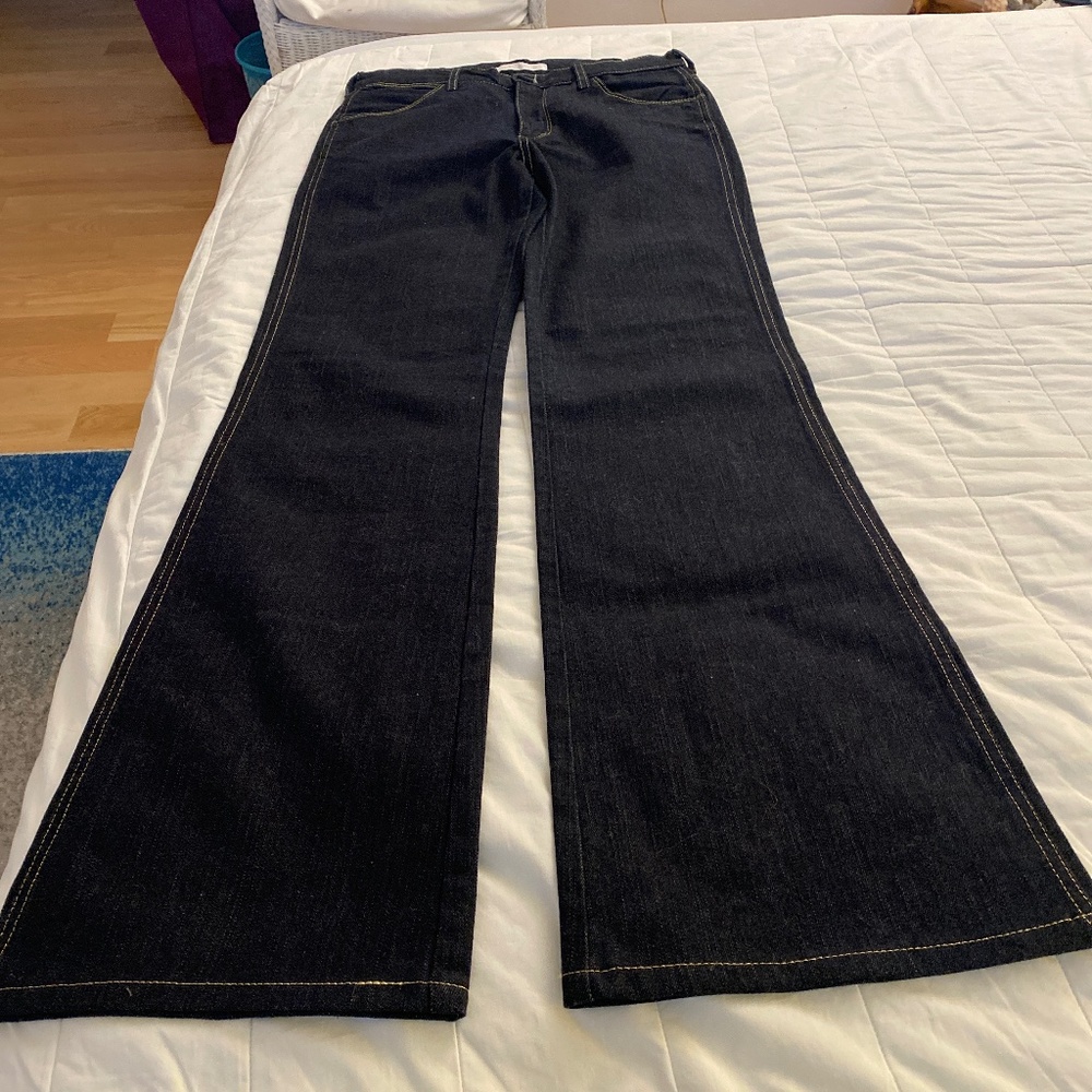 Dark Navy JENNY JEN collection boot-cut jeans, Made in the USA.